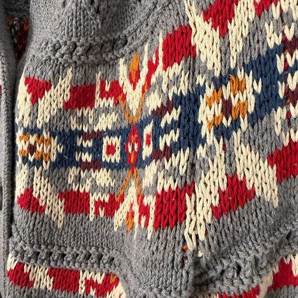 L.L. Bean Signature Gray Fair Isle Cardigan with Red, Navy & Cream Accents - Picture 4 of 10